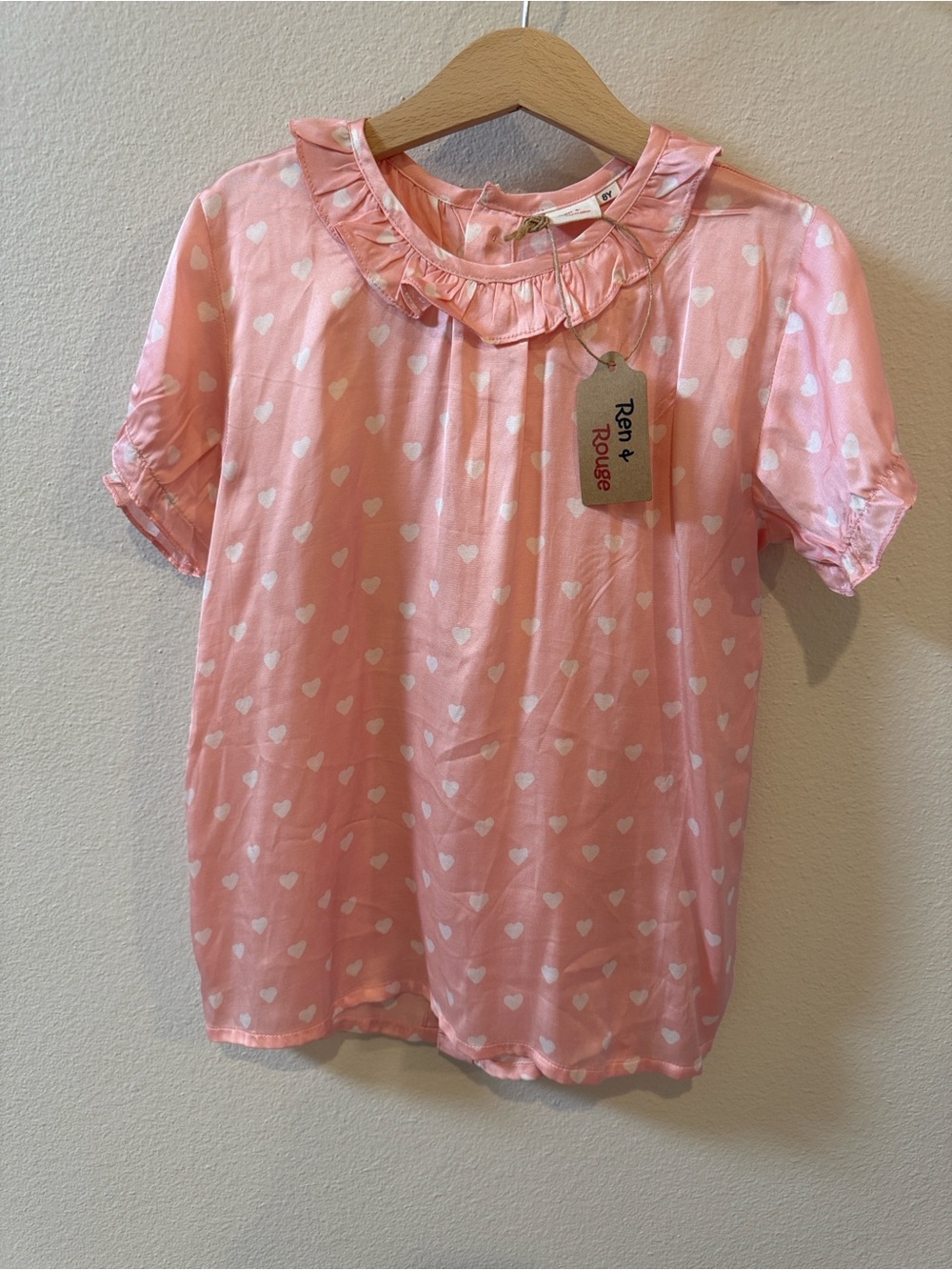 NWT Size 8Y REN & Rouge Pink Heart-Print Ruffle Neck Kids Top!